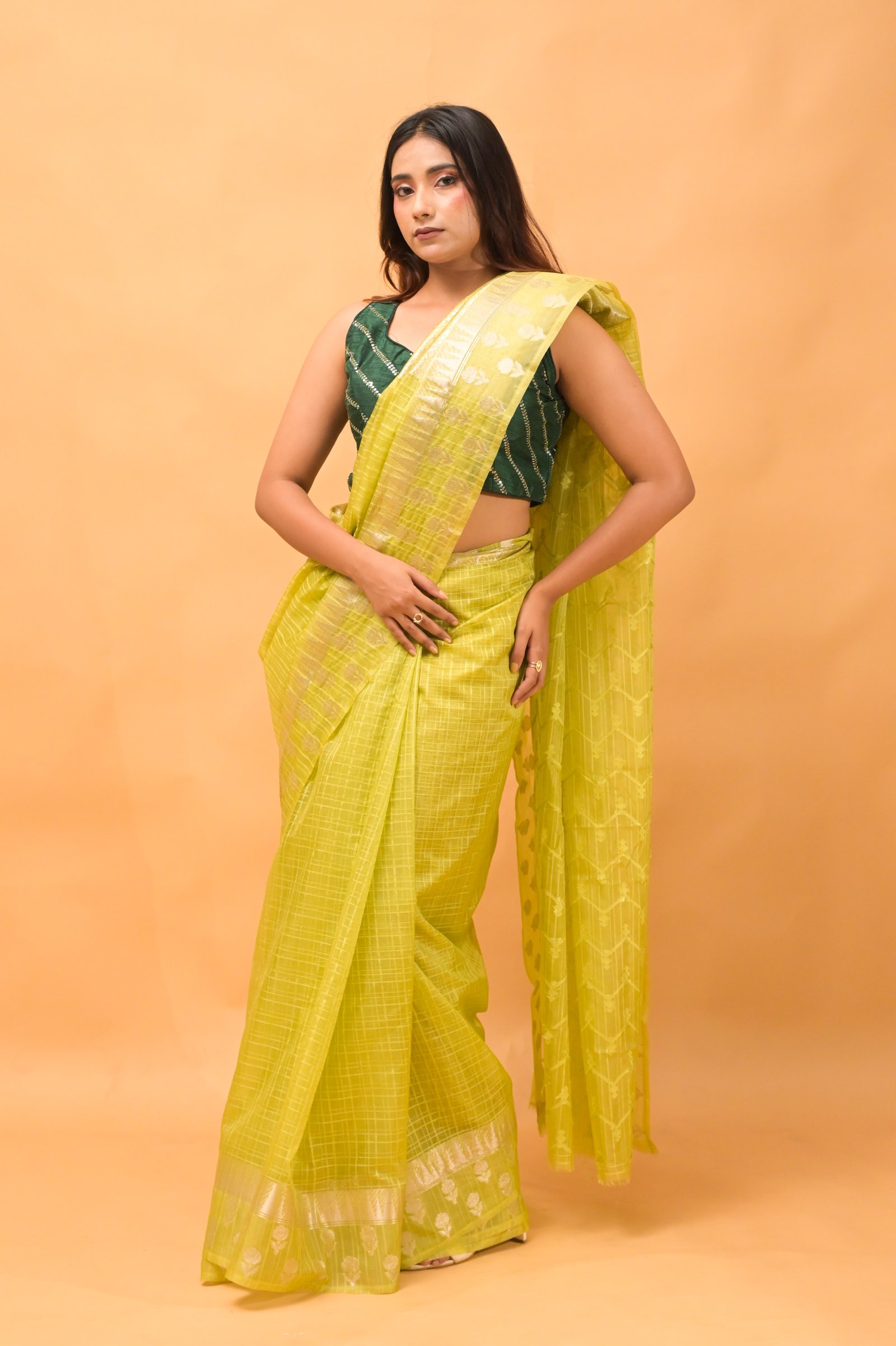 Elegant Check Pattern Lime Green Banarasi Kora Saree with Blouse